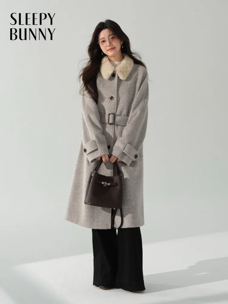Elegant Wool Coat for Women Lady Belted Long Overcoat with Plush Contrast Lapel Warm Vintage Outerwear Chic Daily Commuter Style