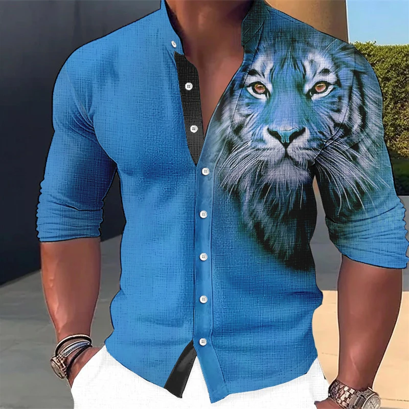 Tiger 3D Printed Shirt Men Spring Autumn Long Sleeve Stand Collar Tops New Fashion Casual Shirts Streetwear Clothing For Mens