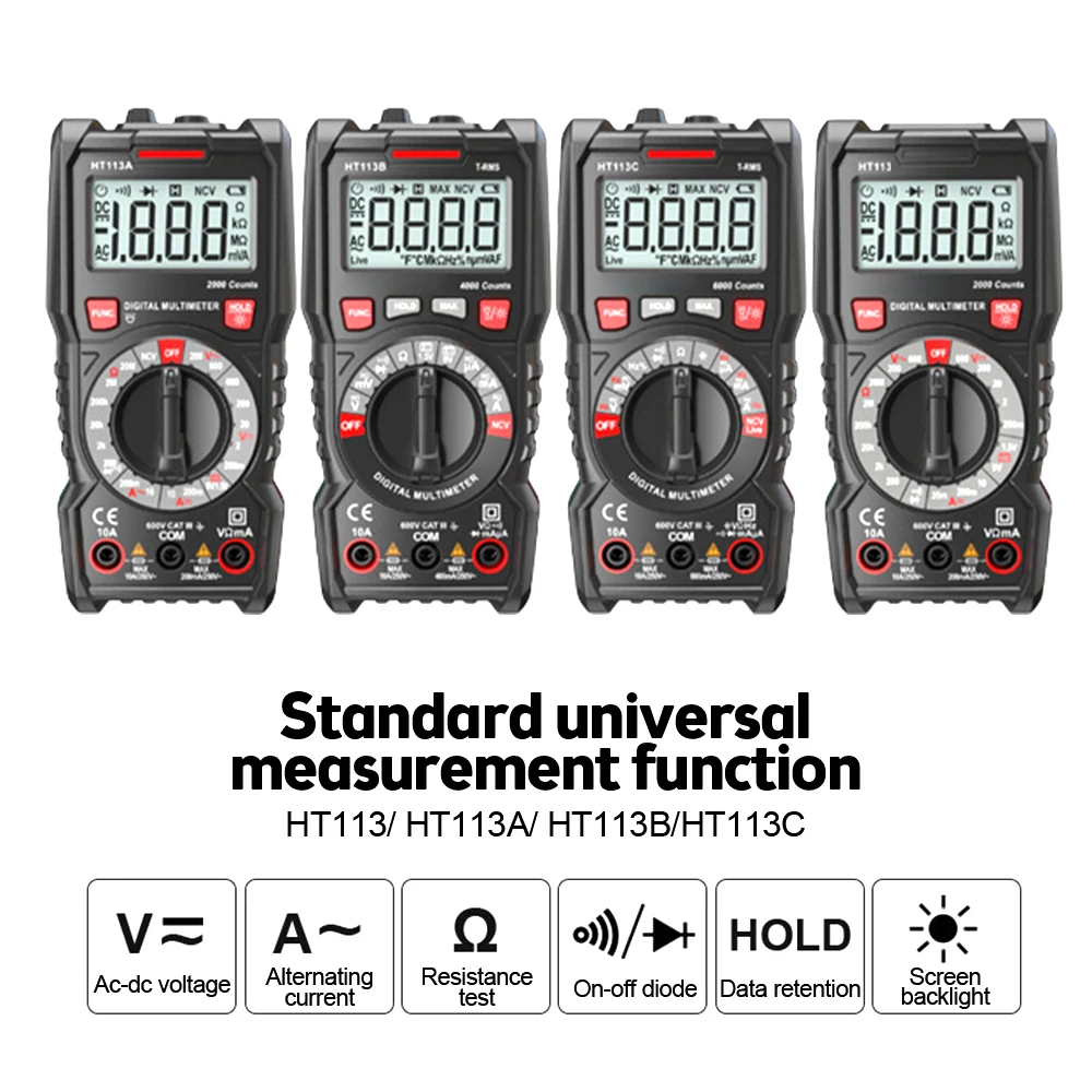 HT113 Digital Multimeter True-RMS DC/DA Voltmeter Ammeter Multimetro DMM Resistance Ohm Cap Hz Temp Tester Monitor