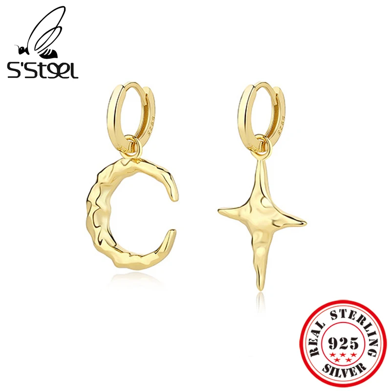 

S'STEEL Star Moon Asymmetry 925 Sterling Silver Dangle Earrings For Women Gold Hoop Earings 2022 trend Luxury Designer Jewelry