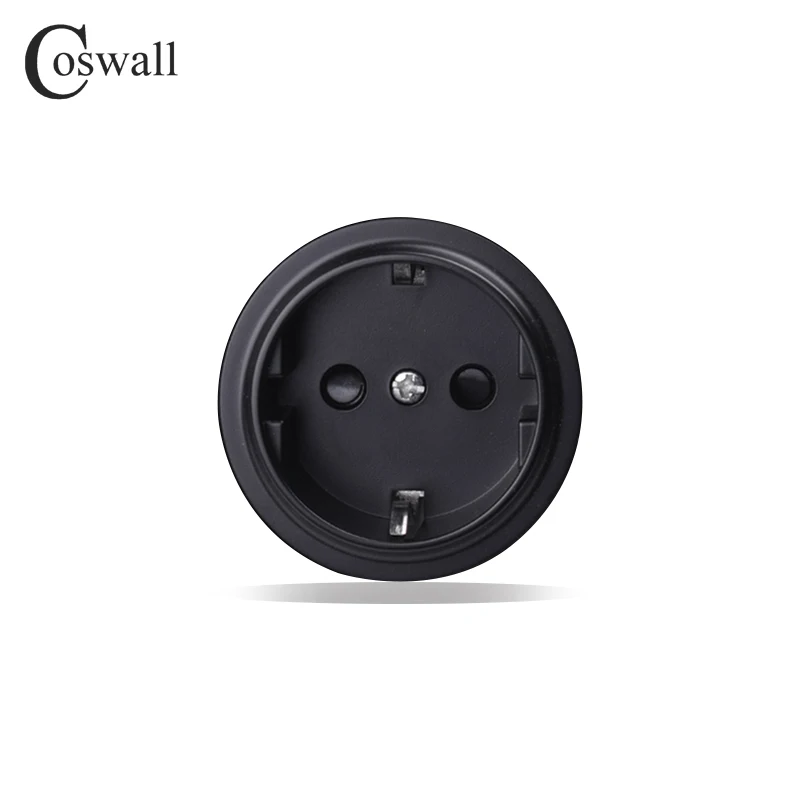 Coswall Black / Silver Grey Aluminum Panel 16A Double EU Standard Wall Power Socket Grounded With Child Protective Lock 146 Type