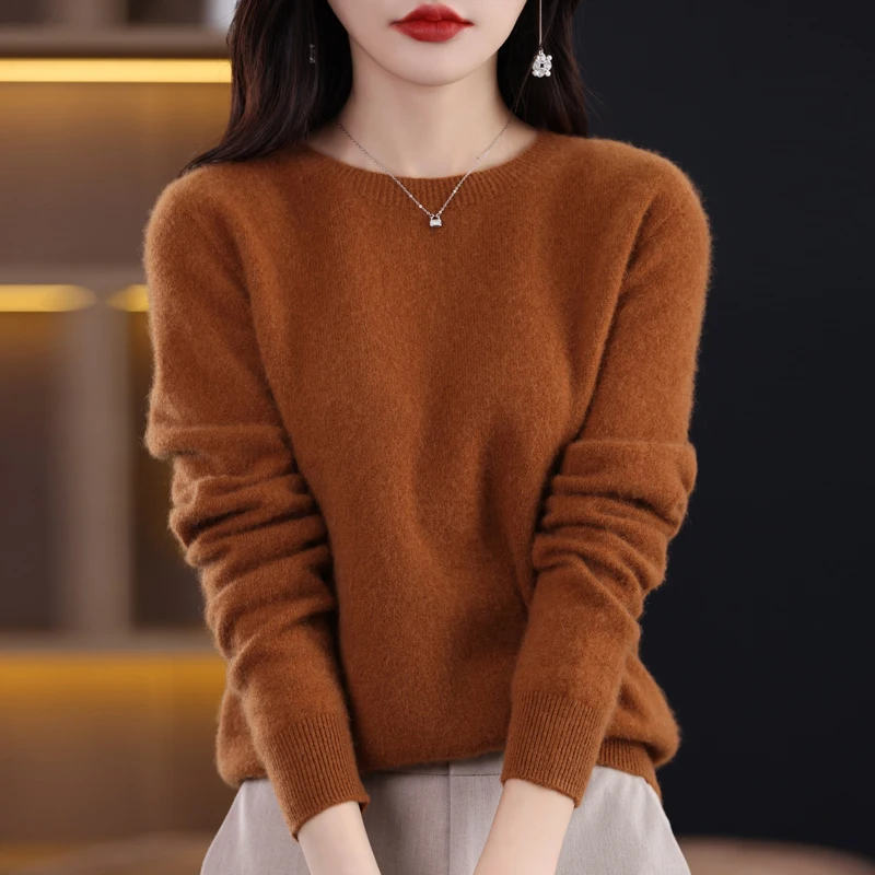 100%Pure Wool Sweater Women\'s Casual Knitted Pullover Autumn and Winter Soft and Warm Hot Wool Long-Sleeved Basic Round Neck Top