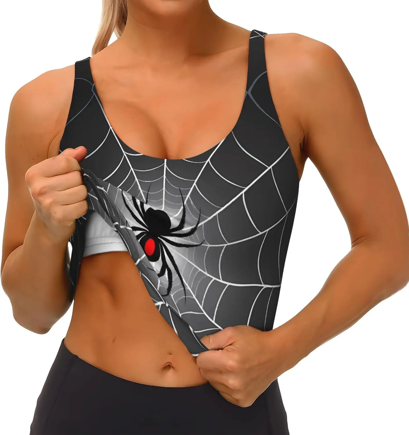 Gothic Black Spider on Web Pattern Womens Sports Bras Yoga Workout Crop Top with Removable Pads