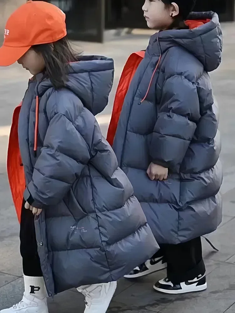 New Boys and Girls Padded Cotton Coat 2024 Winter Long Down Jacket Fashion Simple Casual Style All-match Coat Clothes Kid