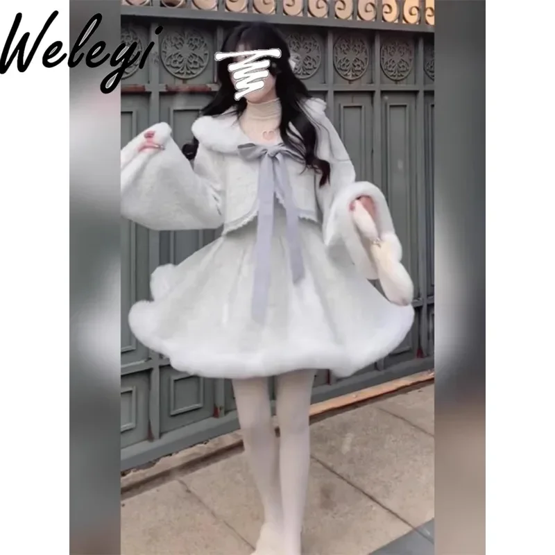 Large Size Dress Outfits for Women Winter Women's Clothing Sweet Long Sleeve Bow Plush Jacket and Short Suspender Dresses Set