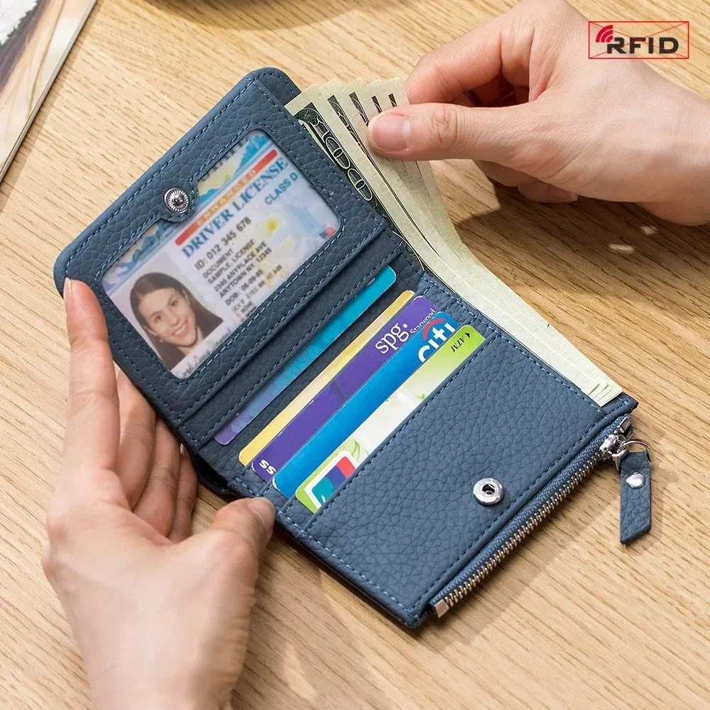 Genuine Leather RFID Short Wallets Card Holder Bag Portable Cowhide Small Zipper Money Coin Purse For Men Women Clutch Pouch