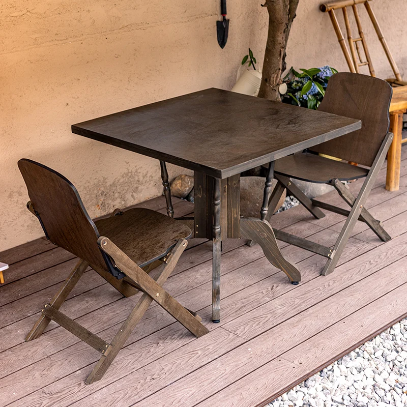 Solid wood multi-layer board square table old retro square balcony courtyard dining table and chairs