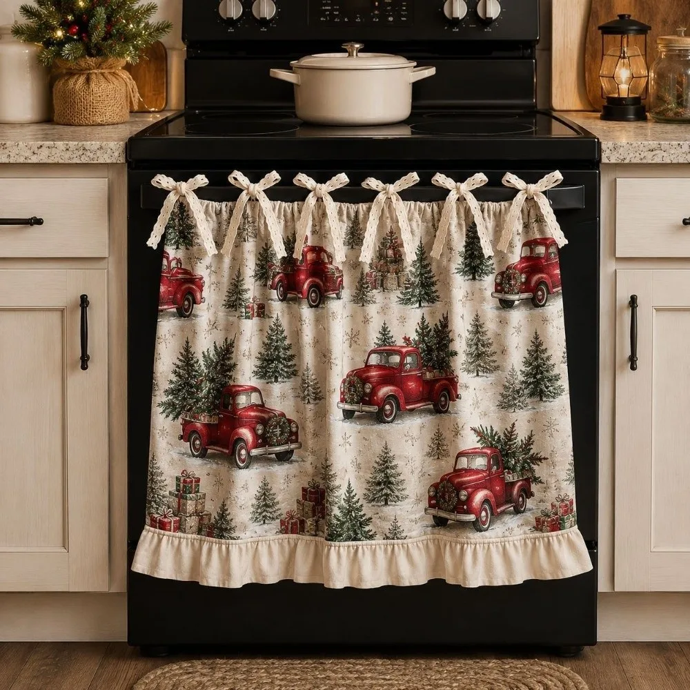 Ruffle Edge Christmas Oven Short Curtain Xmas Tree Snowman Deer Kitchen Stove Short Curtain Countryside Style Decorative