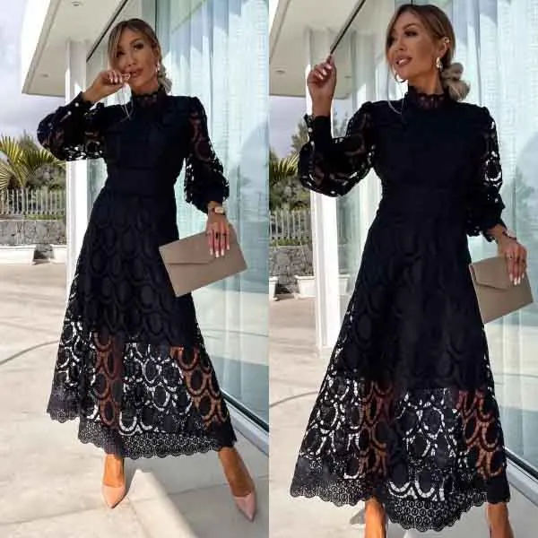 

Vintage Hollow Out Lace Long Dress Women Fashion Stand Neck Lantern Sleeve Dresses For Women 2024 Autumn Elegant Maxi Dress