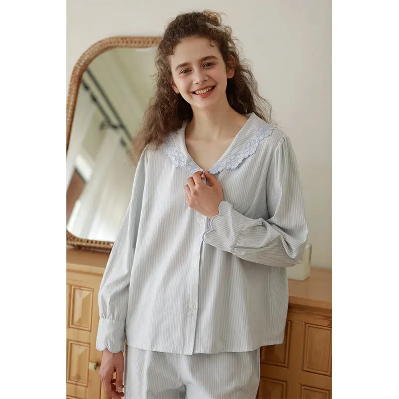 Women Two Pieces Spring Pajamas Suits Striped Long Sleeve Cotton Pijama Turn Down Collar Tops With Pants Pajamas
