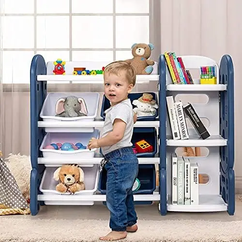 

Bookshelf with Toy Organizers and , Multi-Purpose 4-Tier Toy , 6 Removable Plastic Bins to Books Toys, Toddler Bookcase for Pla