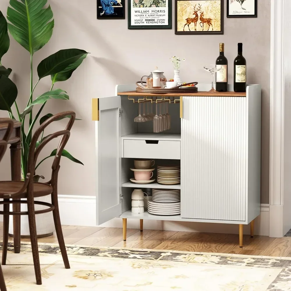 Wine Bar Cabinet with Fluted Texture, Modern Coffee Cabinet with Wine Rack&Glass Holder, White Kitchen Buffet Sideboard