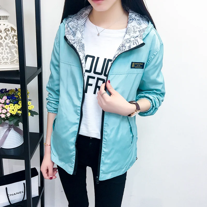 Women's Jacket Spring Autumn Pocket Zipper Hooded Two Side Wear Outwear Coat Loose size Sport Windbreaker Jackets Famale