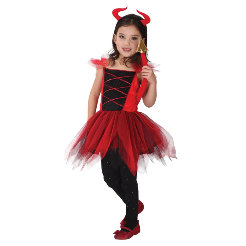 Halloween Red Devil Cosplay Costumes for Kids Girls Demon Costume Fancy Carnival Dress Suit (Without Pants)