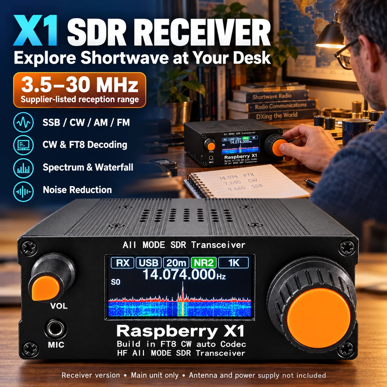 X1 SDR Shortwave Radio Receiver 3.5-30MHz SSB CW AM FM FT8 Decoder Color Spectrum Waterfall Display for Radio Hobbyists