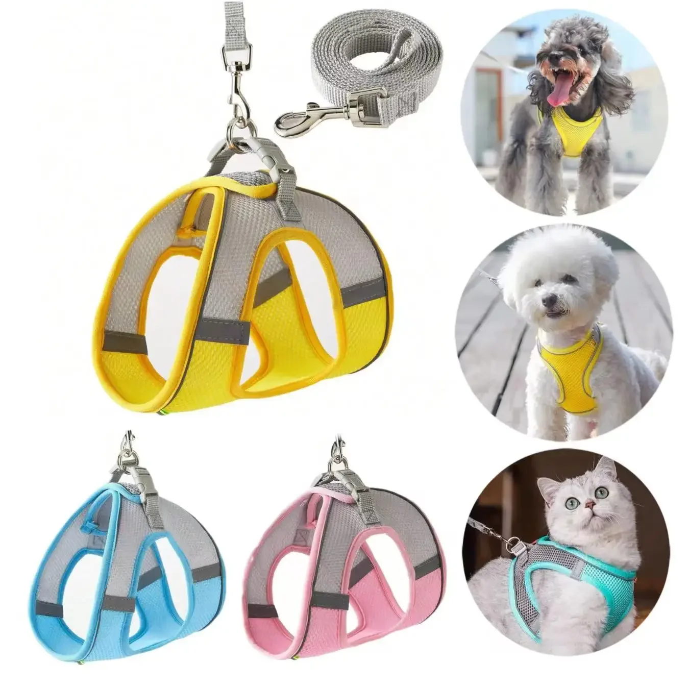 Conjunto de arnês e coleira para cães à prova de fuga, para cães pequenos, gatos, filhotes, colete reflexivo, gatinho, caminhada, coleira de chumbo, suprimentos para animais de estimação