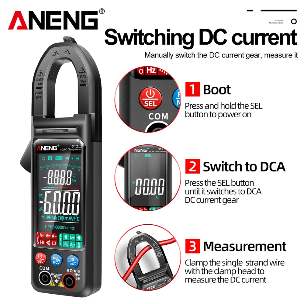 Picture 7: DC/AC Current Voltage 6000 Counts multimetro NCV Ohm electrician tools Digial Multimeter ANENG ST212 Clamp Meter Professional