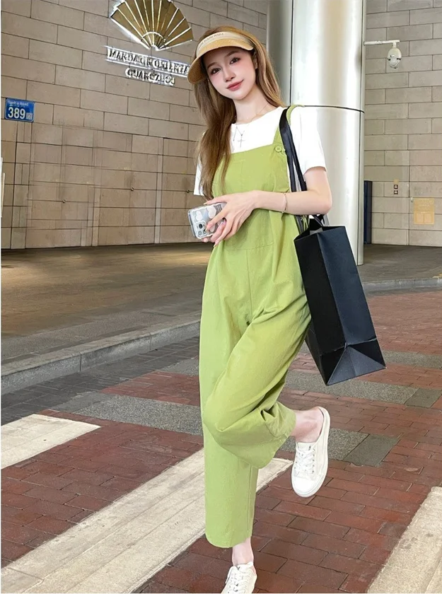 ชุดเอี๊ยมลำลองสไตล์เกาหลีสำหรับผู้หญิง ฤดูร้อน 2024 ผ้าโพลีเอสเตอร์ กางเกงขายาวเก้าส่วน ช่วยลดเลือนริ้วรอย