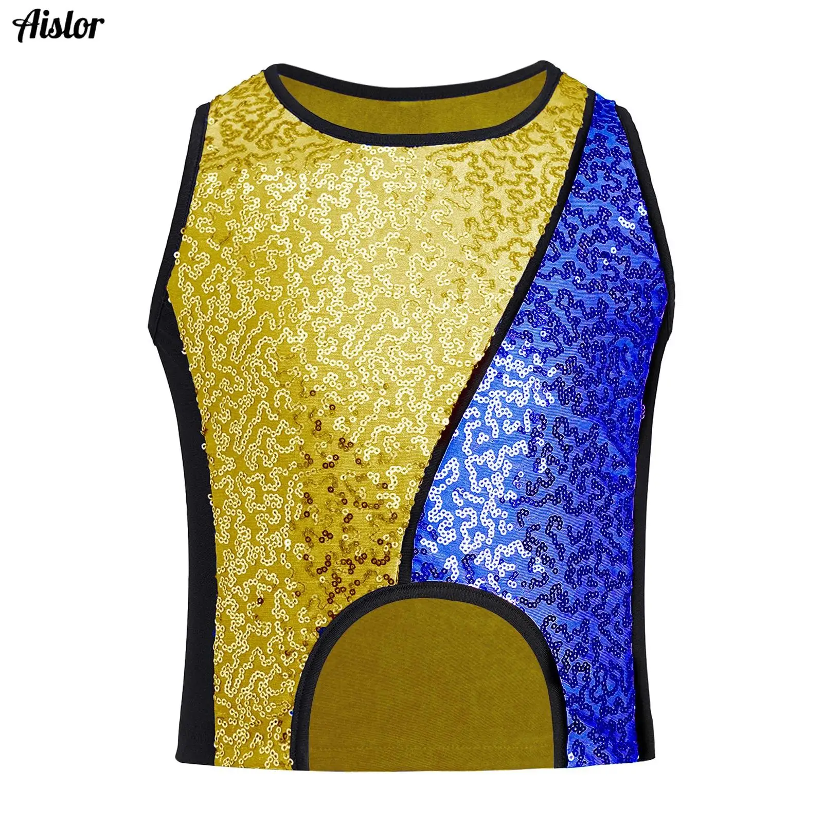 

Kids Girls Vest Jazz Dance Top Ballet Costume Color Block Patchwork Sparkly Sequins Asymmetrical Hem Tank Crop Top Streetwear