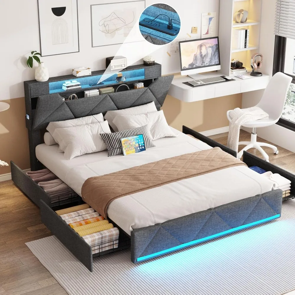 Full Size Bedframe Met Opberghoofdeinde En 4 Lade, Gestoffeerd Platform Met Laadstation En Led-Verlichting, Verstelbaar Hoofdeinde