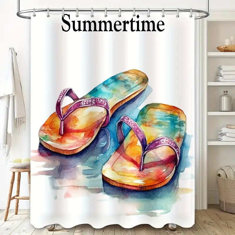 Summer-themed bathroom decor watercolor flip flops shower curtain for kids or adults – colorful beach towels set included (white