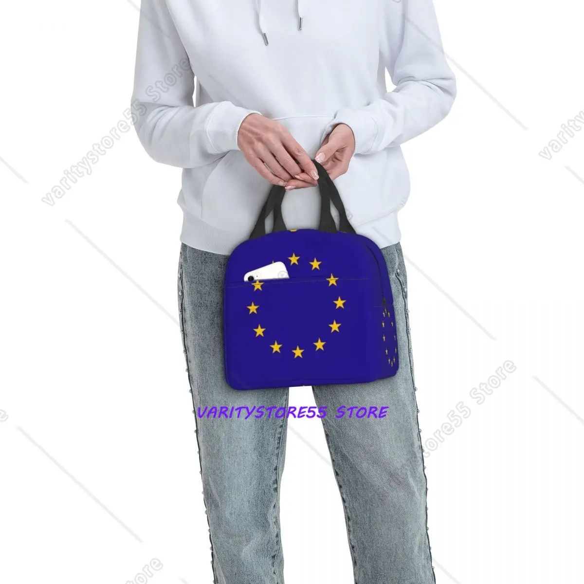 Custom EU European Union Flag Thermal Insulated Lunch Bag Women Portable Lunch Container for School Multifunction Food Box