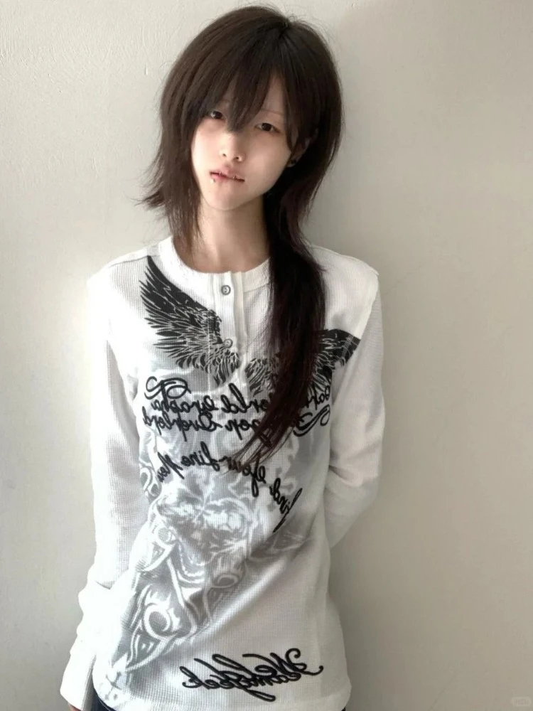 

Японские винтажные повседневные футболки с буквенным принтом и крыльями, уличная одежда, облегающие футболки, осенняя женская футболка в стиле Харадзюку в стиле гранж