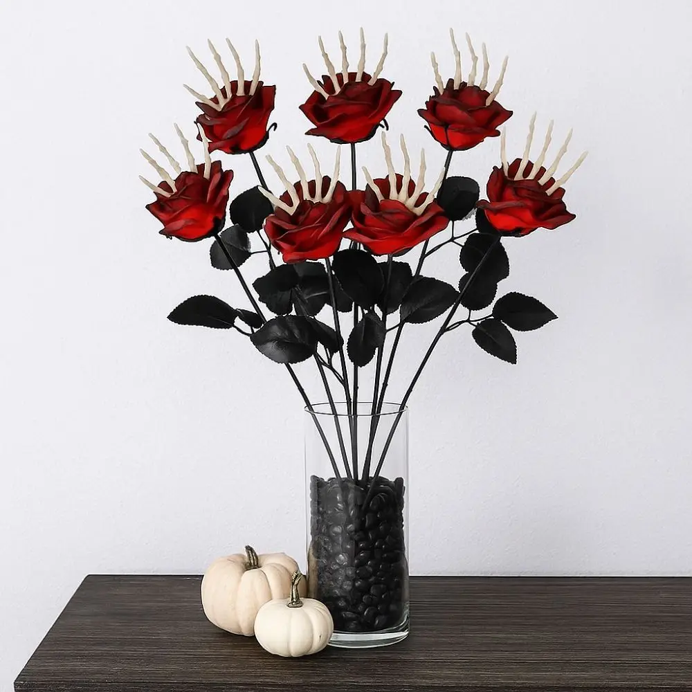 

49cm Halloween Artificial Rose Realistic Gothic Skeleton Hand Rose Bouquet Handmade Simulation Fake Flower Halloween Party Props