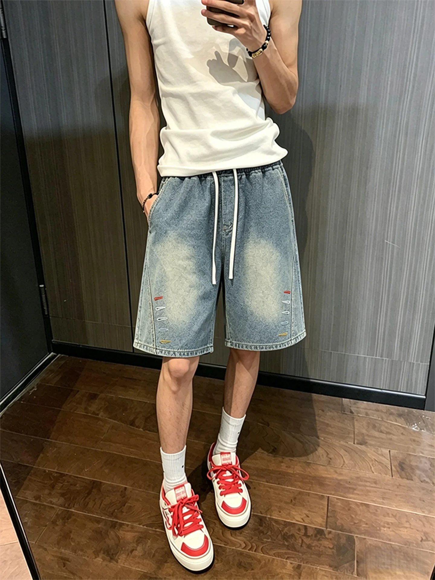 

Embroidered Slim Fit Jeans Shorts Men's Summer Thin Design Drawstring Waist Five-Piece Pants Straight Leg Jeans