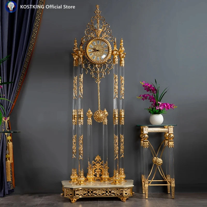

French Luxury Golden Floor Clock, Antique Style Grandfather Clock Classic Standing Floor Crystal Clock