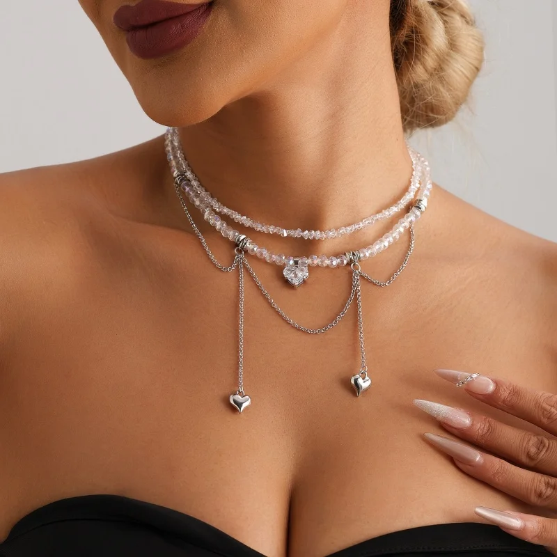 Heart Shaped Zircon Double Chain Tassel Design Choker Necklace With A High End Crystal Look Women s Jewelry Accessory