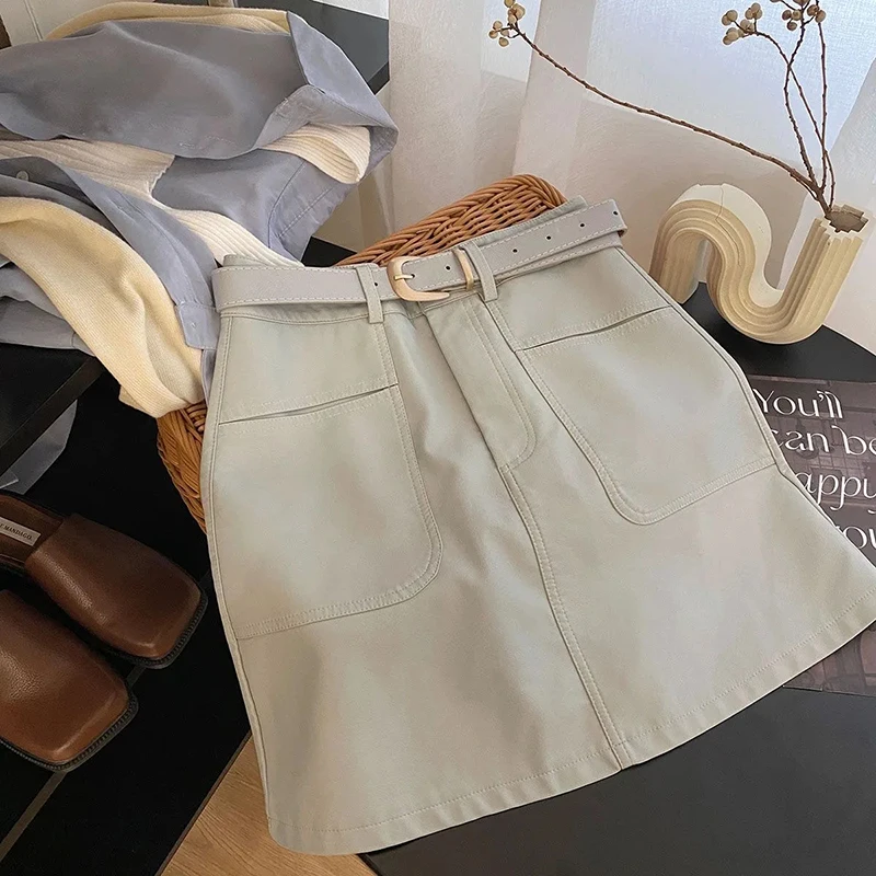 Mini jupes Cargo en cuir Pu pour femmes Y2K automne Streetwear avec ceintures décontracté une ligne jupe coréenne taille haute solide jupe décontractée