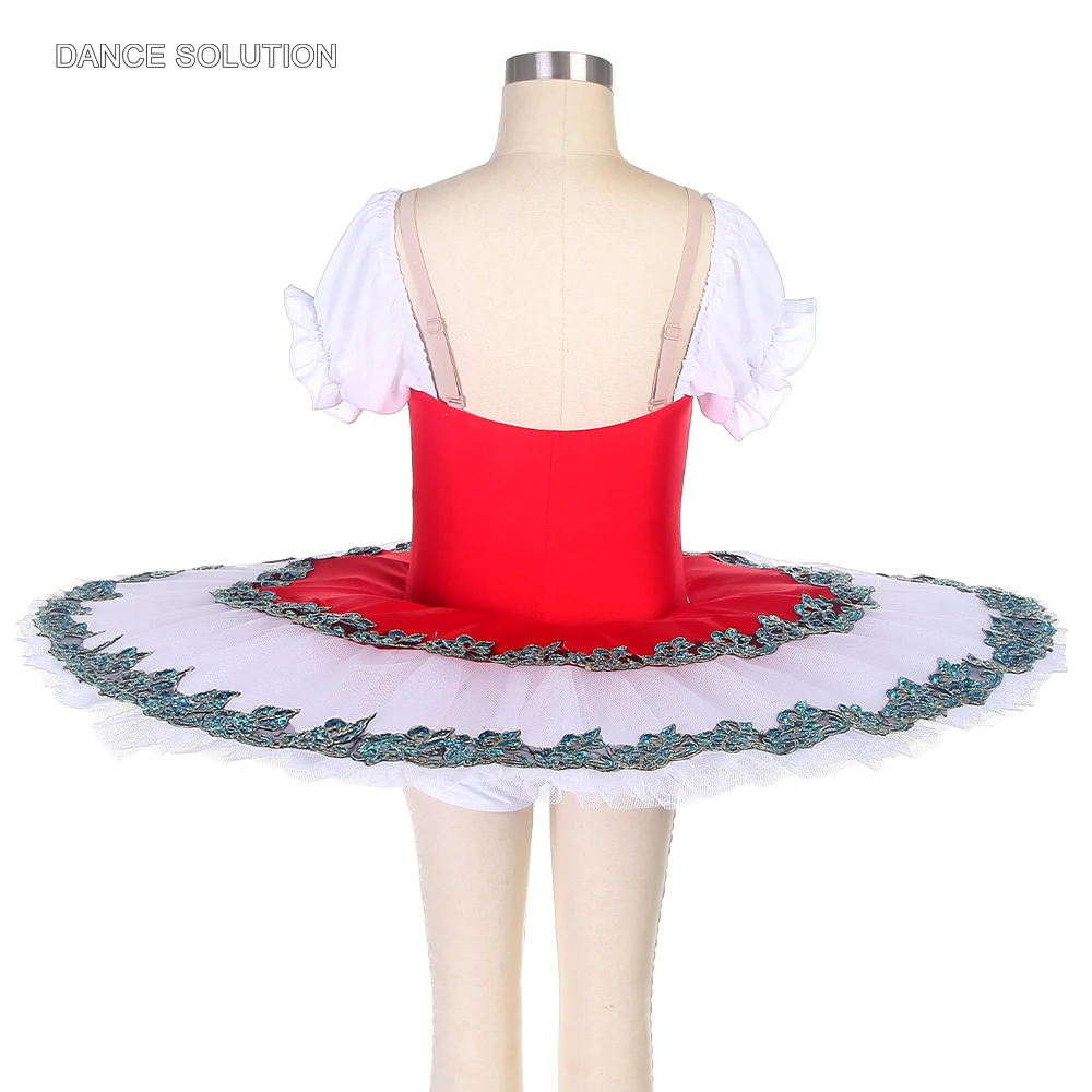 Red Spandex Bodice Ballet Tutu Costume with Short Puff Sleeves Women and Girls Stage Performance Dancewear Ballet Outfit BLL496