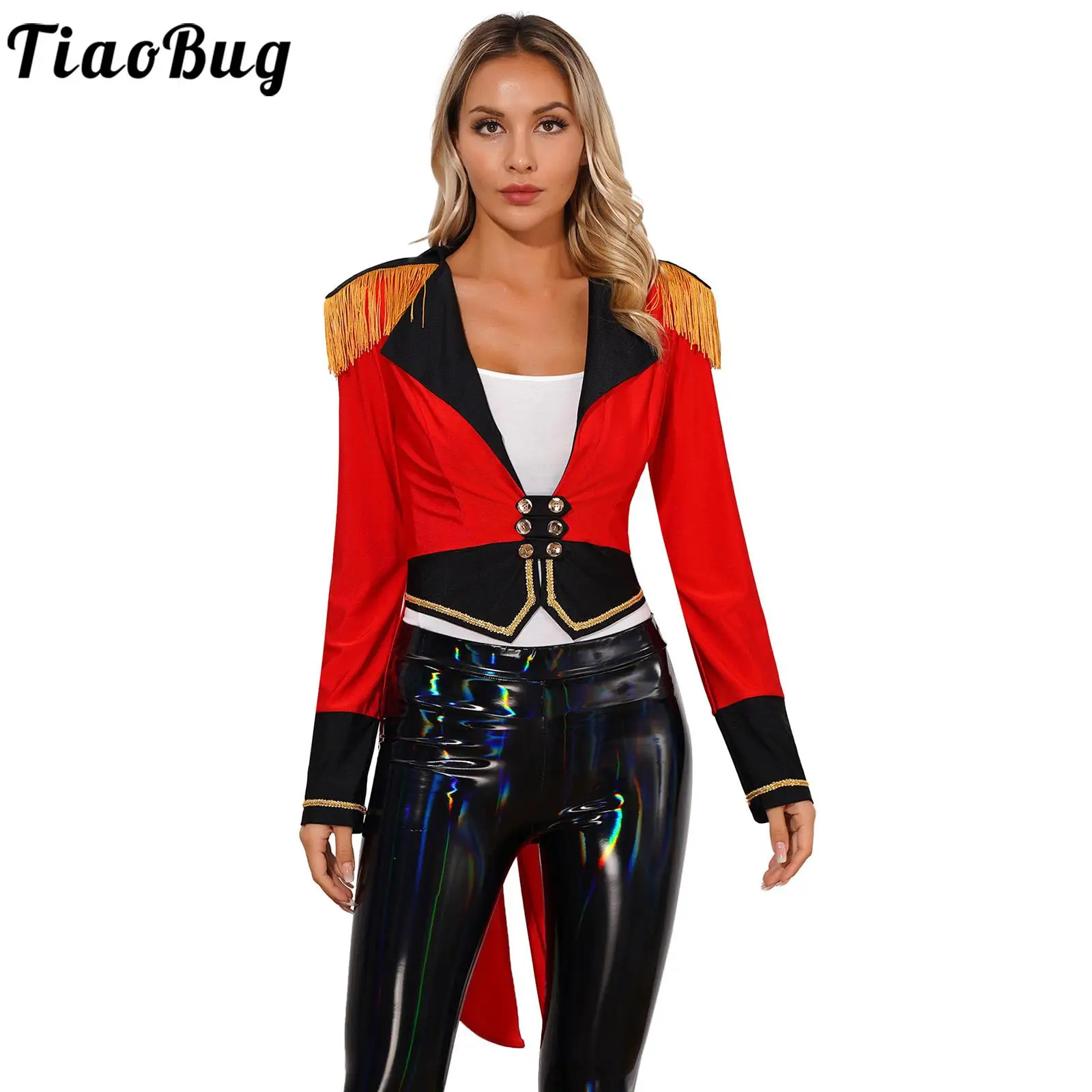 

Womens Circus Ringmaster Performance Tailcoat Long Sleeve Temperament Tailcoat for Party Halloween Stage Showing Outerwear