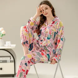 Women's Pajamas Sets Spring Autumn 2 Piece Print Pyjama Faux Silk Satin Sleepwear Long Sleeve Pijama Mujer Pjs Homewear