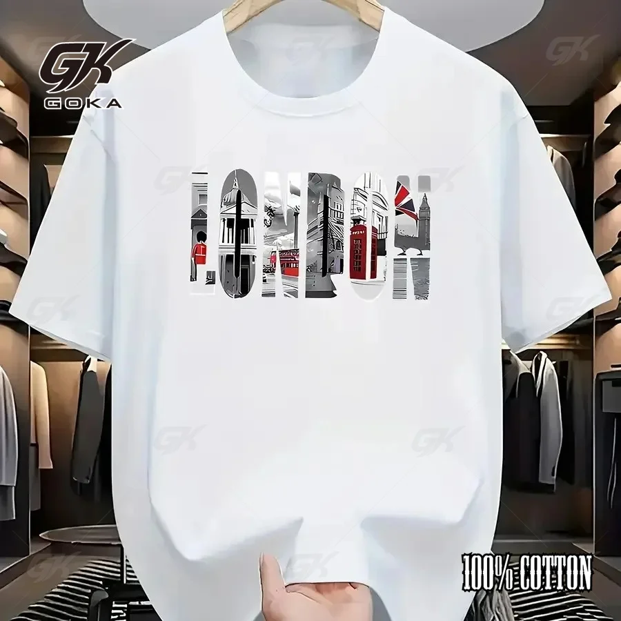 London Cityscape Photo Fill T-Shirt, White UK Landmarks Graphic Tee, Comfortable British Travel Souvenir Casual Streetwear
