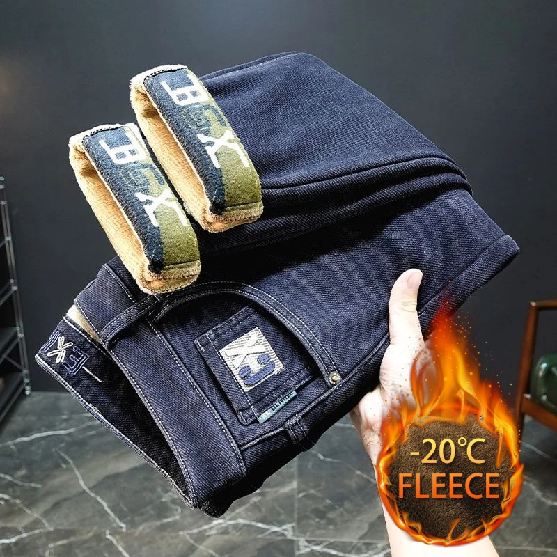 الخريف الشتاء الصوف الجينز الرجال شارع العليا مستقيم سميكة المخملية بانت موضة الدافئة عادية الصوف أفخم الجينز السراويل