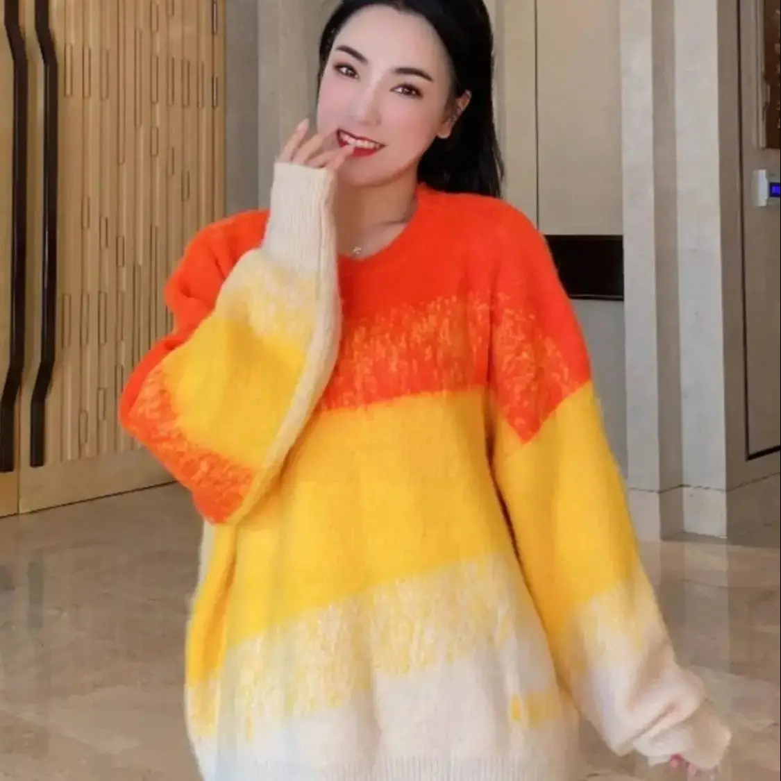 

Tie-Dye Knitted Round Neck Pullover 2024 Autumn French Style Women Thickened Warm Long-Sleeved Loose High Street Fashion Sweater