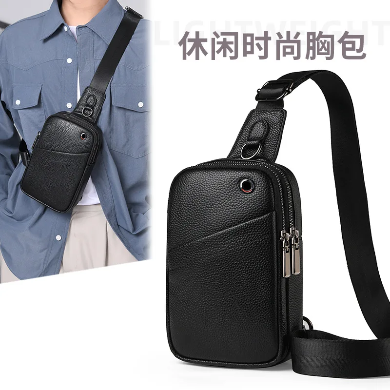 Leather chest bag men crossbody bag soft cowhide backpack square double zipper casual shoulder bag portable