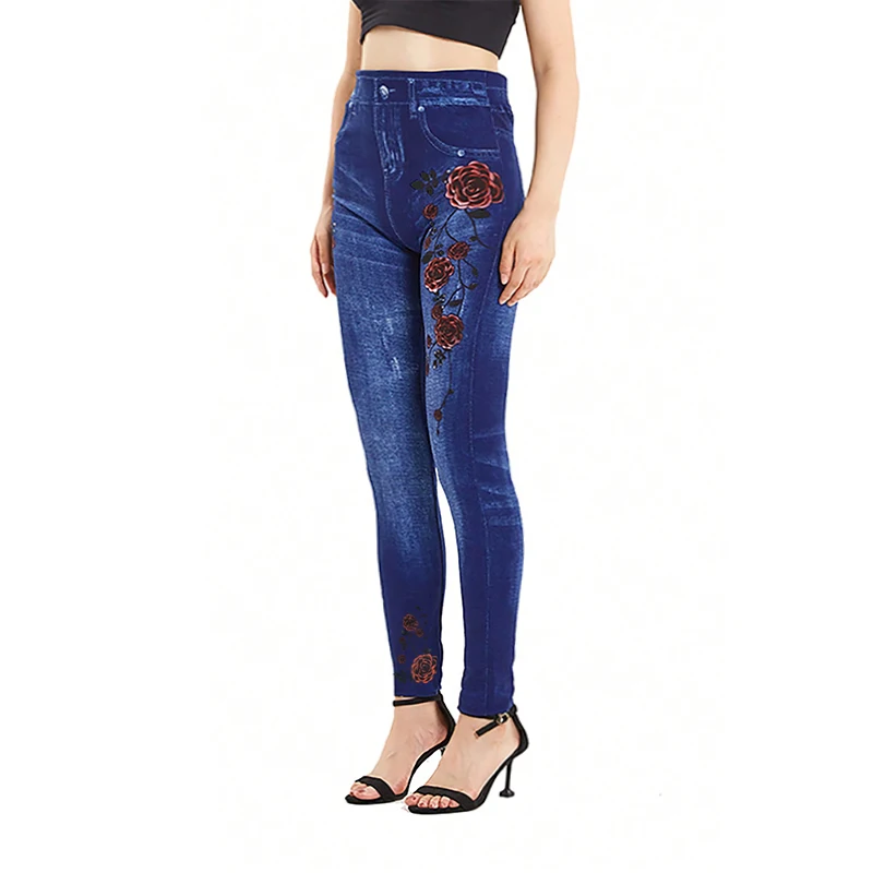 PD445 Double Sided Rose European and American Casual Fashion Hot Selling Fake Pocket Shaping Denim Leggings Seamless Pants