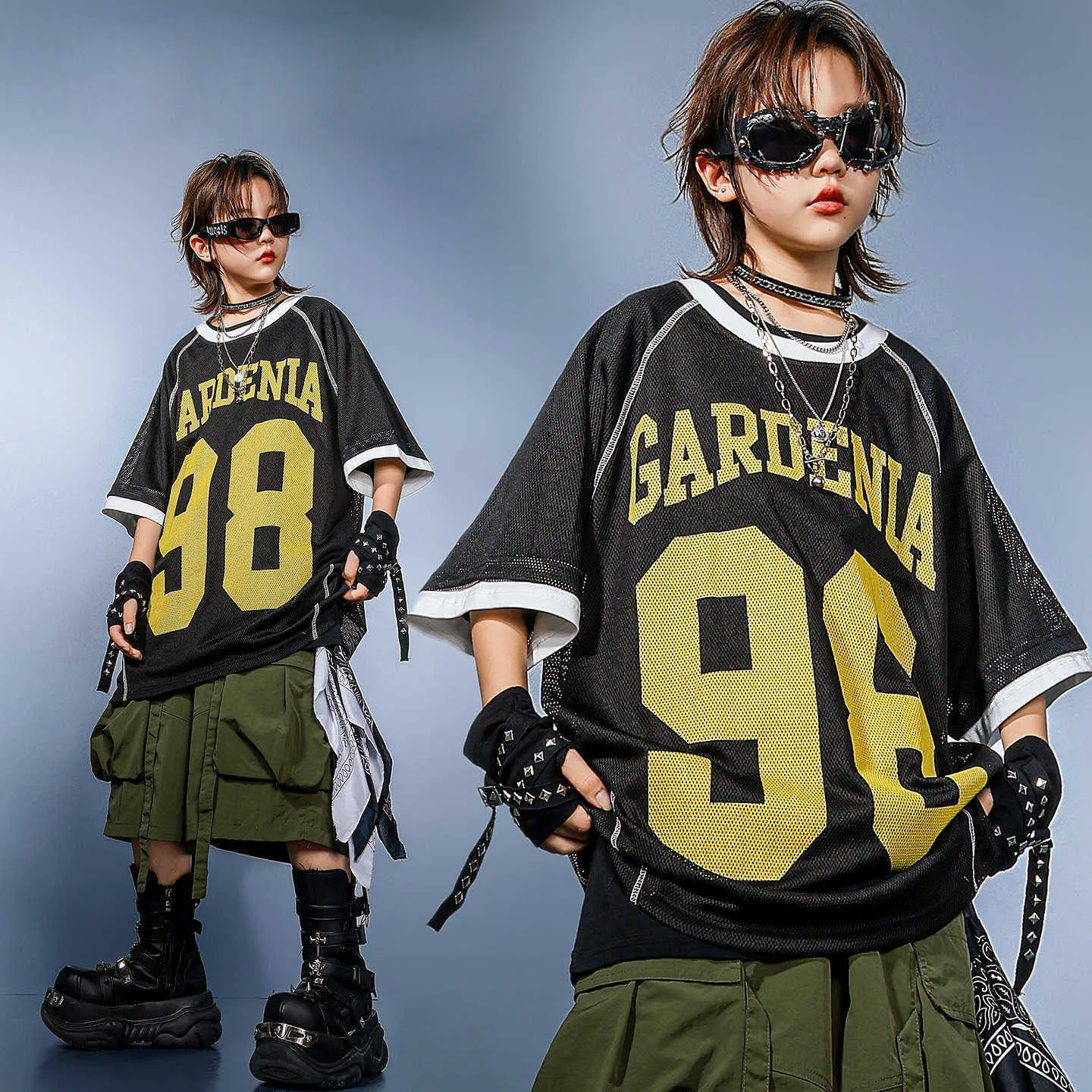 

Kid Kpop Hip Hop Clothing Black Net Jersey T Shirt Army Green Cargo Shorts Middle Pants for Girl Boy Dance Wear Costumes Clothes