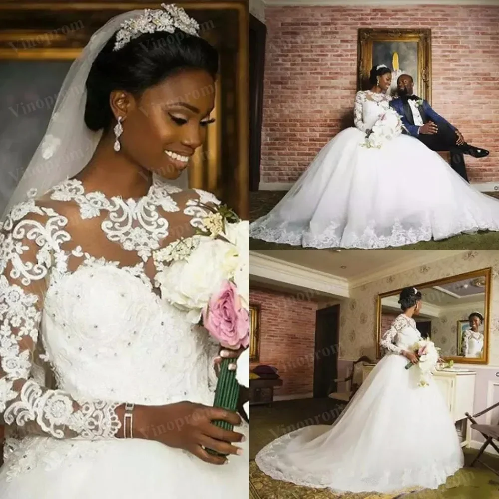 

Customized African Ball Gown Country Wedding Dresses Jewel Long Sleeve Sweep Train Bridal Gowns With Applique Tulle