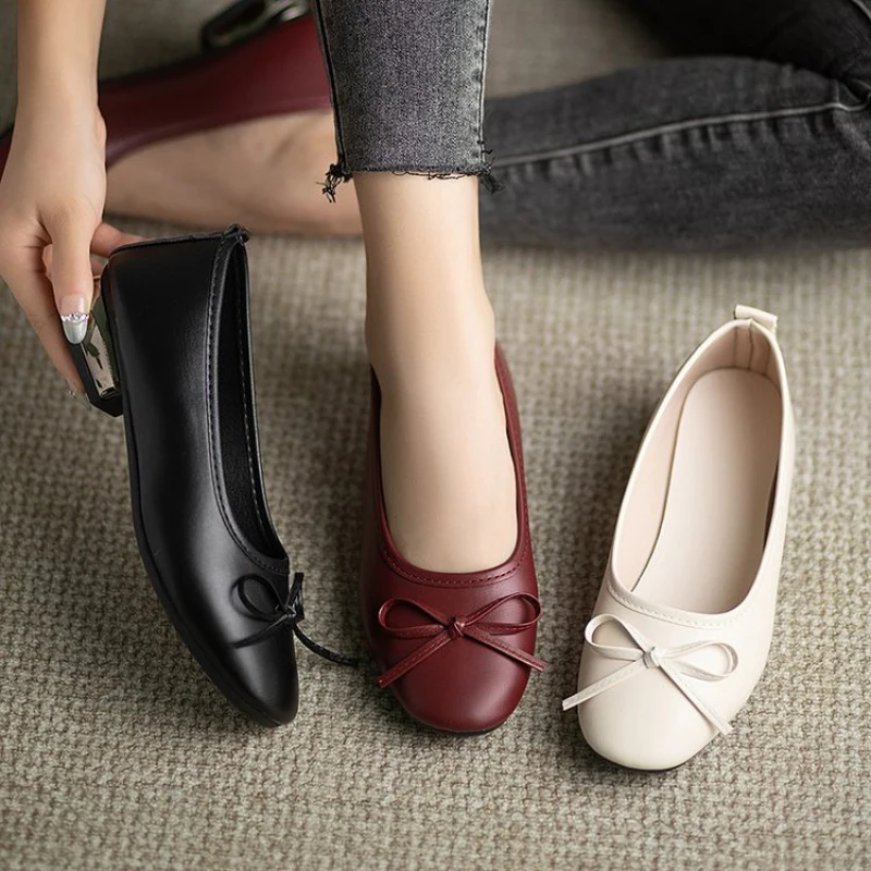Zapatos Planos Elegantes con Lazo para Mujer, Mocasines de Cuero Suave, Zapatos Casuales para Oficina y Uso Diario, Color Blanco Hueso/Negro/Rojo
