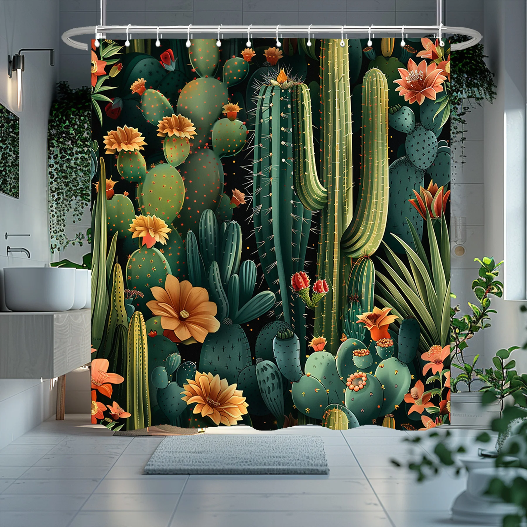 1/4pcs Rustic Style Cactus Wallpaper Print Shower Curtain, Modern Bathroom Decor, Polyester Bathroom Set with 12 Hooks, Bathroom