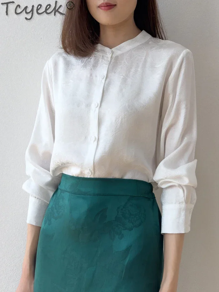 

Женская рубашка Tcyeek из 100% натурального шелка тутового шелкопряда, летняя, с длинным рукавом, модная, с воротником-стойкой