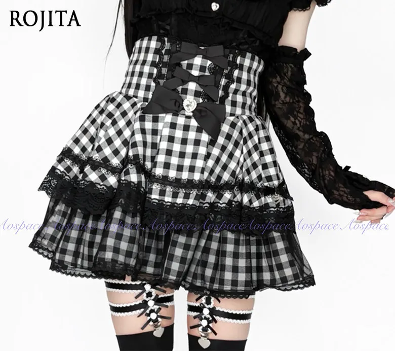 Gothic Black White Gingham High Waist Mini Skirt Black Satin Bows Rhinestone Heart Decor Tiered Lace Ruffle Tulle Short Skirt