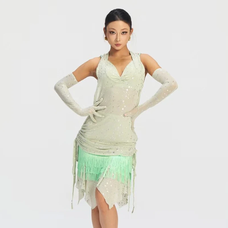 New Latin Dance Costume Green Sequins Dancewear Women Competition Clothing Rumba Tango Dance Dresses Performance Outfit DNV28185