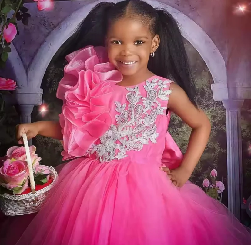 새로운 럭셔리 보라색 미인 대회 꽃 소녀 드레스 결혼식을위한 미인 대회 가운 오 넥 공주 생일 파티 게스트 저녁 맞춤형