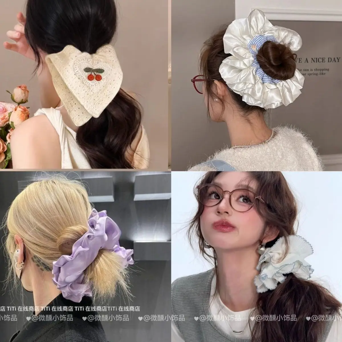 

1pc New High-value Cherry Pure White Hollow Fabric Square Scarf with Large Intestine Headband and Sweet Headband Hair Accessory