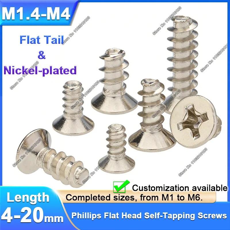Small Cross Phillips Countersunk Head Flat Tail Self Tapping Screws Nickel-plated M1.4-M4 Fasteners for Electronic Equipment
